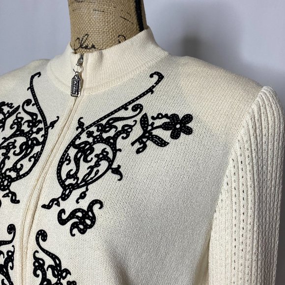 St. John Sport Ivory Black Embroidered Zip Up Wool Knit Jacket - Picture 4 of 10